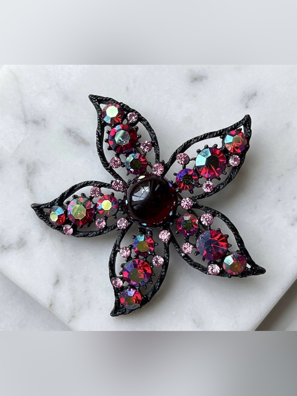 Vintage Signed WEISS Black Japanned Watermelon Aurora Borealis Rhinestone Brooch